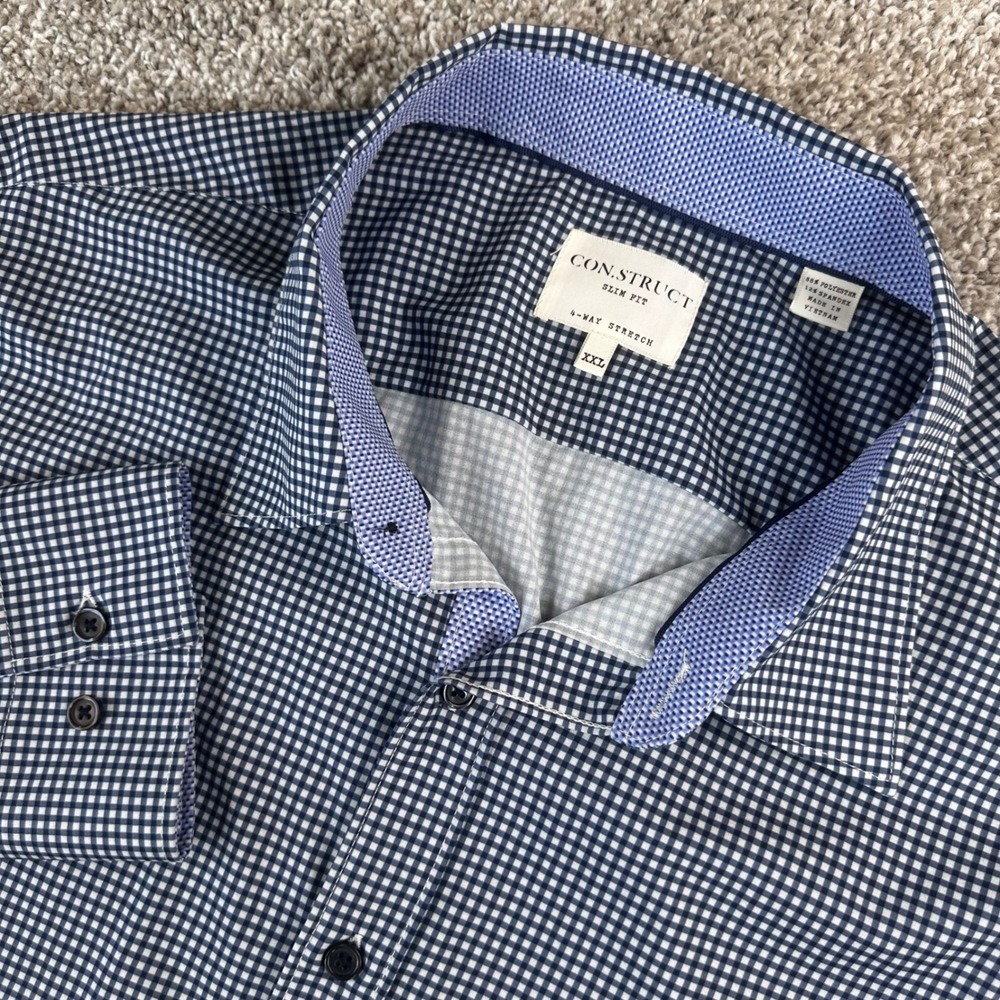 CON.STRUCT Shirt Mens XXL Slim Fit Gingham 4-Way Stretch L/S Performance Wick